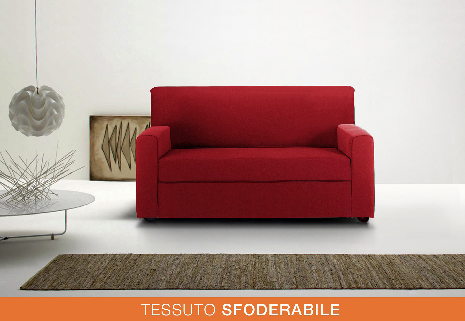 Divano 2 posti oppure divano letto 2 posti, tessuto sfoderabile in finitura rosso fuoco