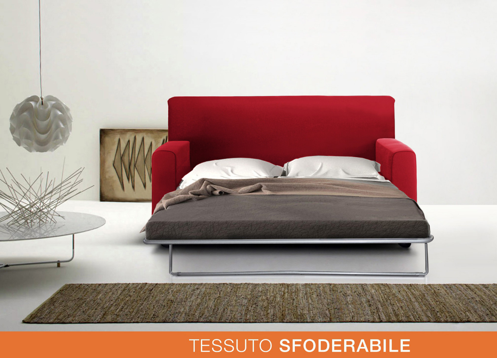 Divano 2 posti oppure divano letto 2 posti, tessuto sfoderabile in finitura rosso fuoco