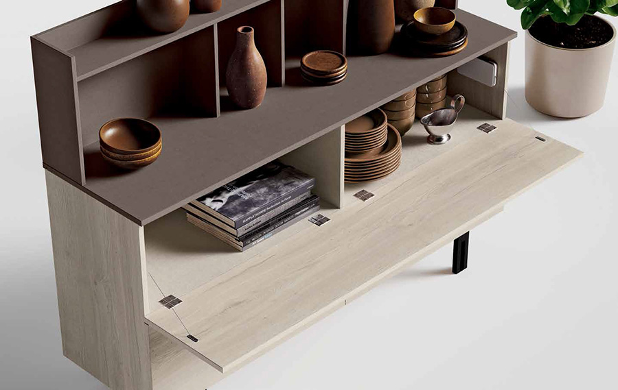 Madia moderna con 2 cassetti e sopralzo in finitura Noce biondo e Bronzo