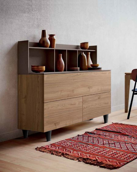 Madia moderna con 2 cassetti e sopralzo in finitura Noce biondo e Bronzo