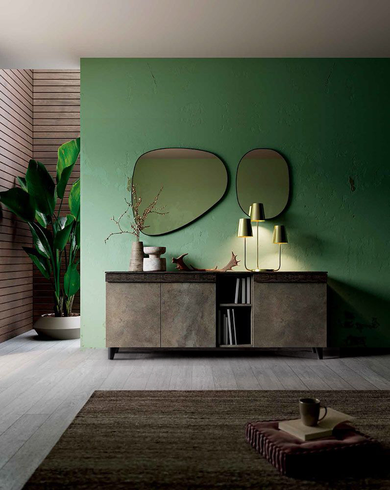 Madia moderna con 3 ante e un vano a giorno in finitura Legno bruciato e Ardesia chiara