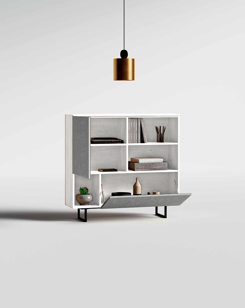 Madia moderna con un'anta e una ribalta in finitura Bianco altea e Graniglia scuro