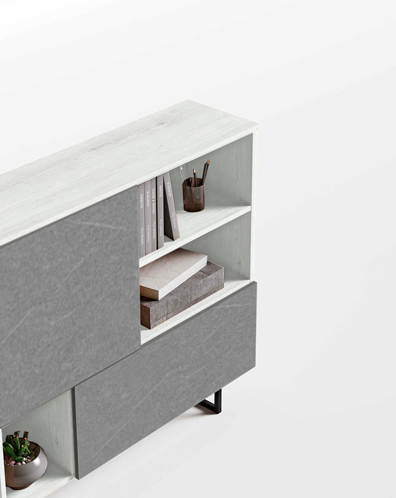 Madia moderna con un'anta e una ribalta in finitura Bianco altea e Graniglia scuro