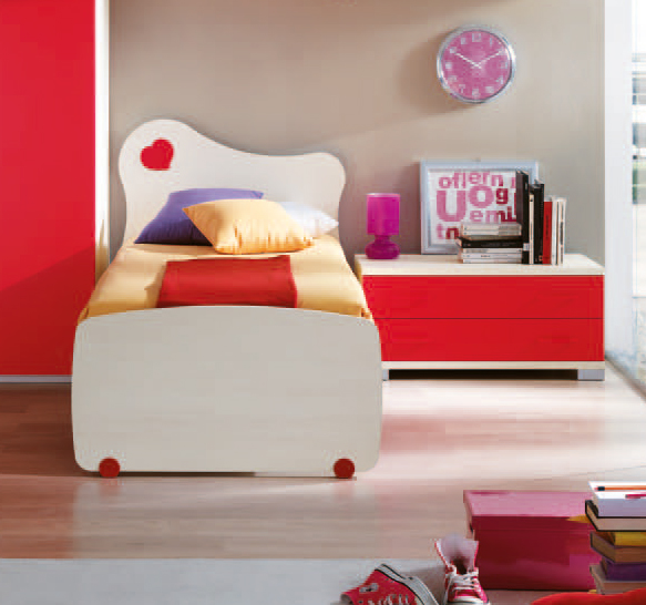 Letto singolo con testata e pediera con inserto a cuore in finitura Larice e Rosso LACCATO