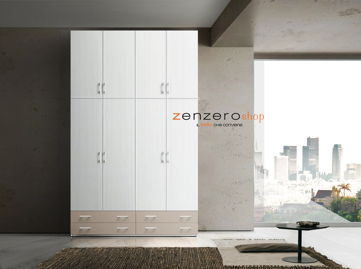 Armadio H.291 con 8 ante battenti e 4 cassetti  in finitura Olmo bianco e Tortora