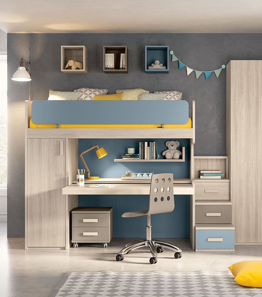 Letto a castello con scrivania e armadio in finitura Olmo naturale