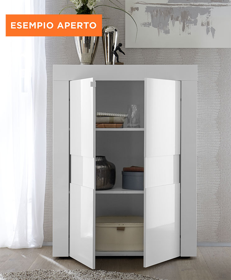 Madia  Credenza Moderna, Madia di Design, 2 ante Alta, Bianco Lucido