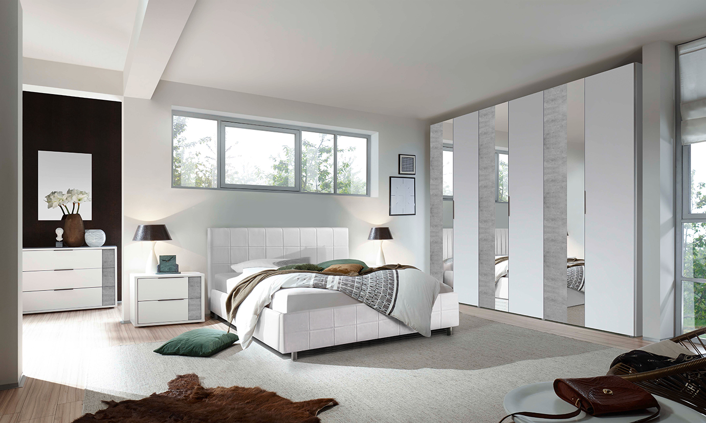 Armadio moderno 6 ante battenti con specchio, finitura Beton e Bianco Opaco