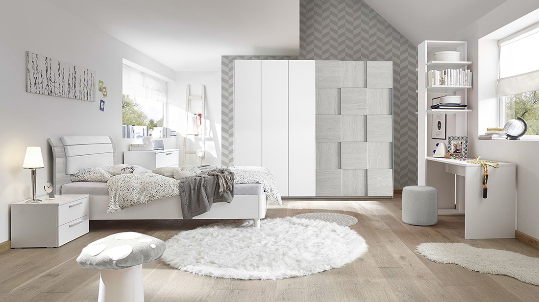 Camera completa con letto pannello curvo grigio e con armadio Miss