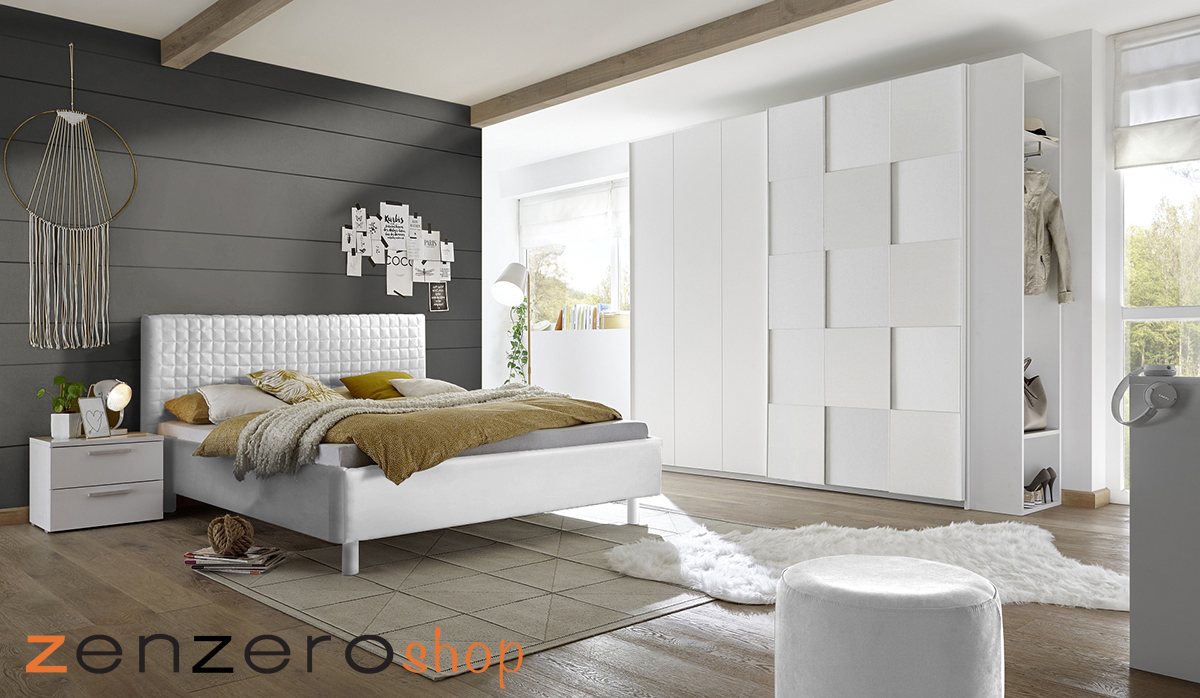 Camera completa con letto bianco in ecopelle con armadio Miss H.230