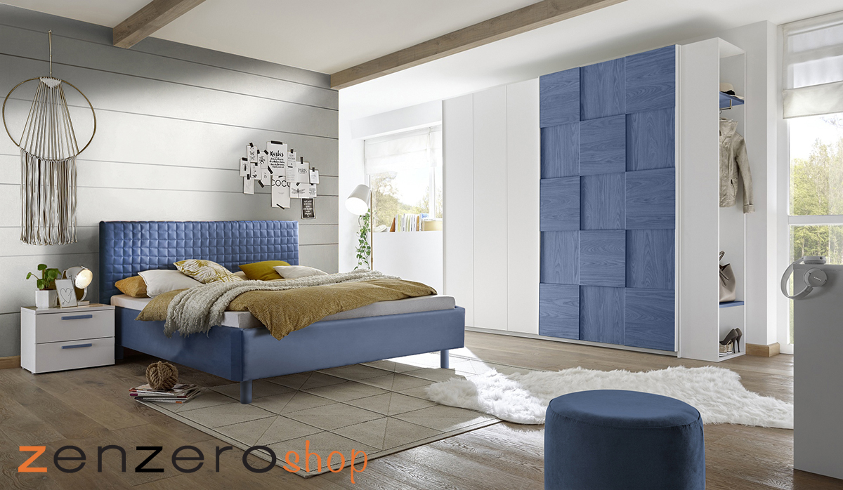 Camera completa con letto blu in tessuto imbottito con armadio Miss H.230