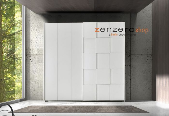 Cameretta matrimoniale con letto, armadio scorrevole e comodini, finitura Bianca