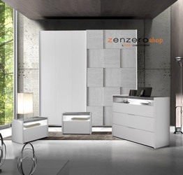 Set zona notte con Armadio scorrevole, Comò e Coppia Comodini, Bianco opaco, Artik e Beton