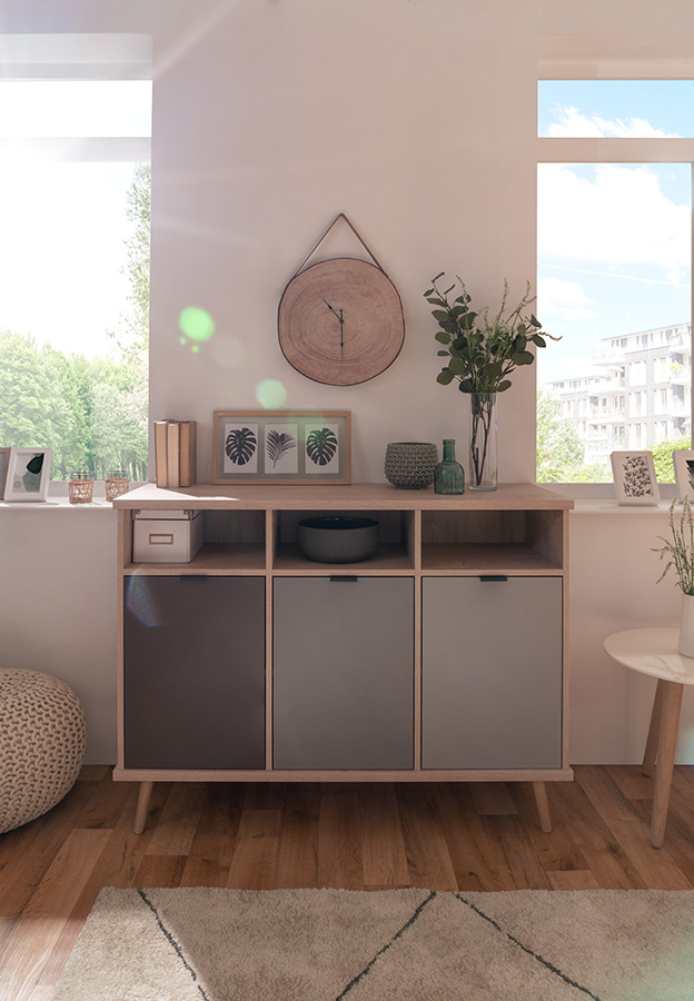 Madia Rosvik con 3 vani in finitura Grigio Seta, Grigio Perla e Antracite