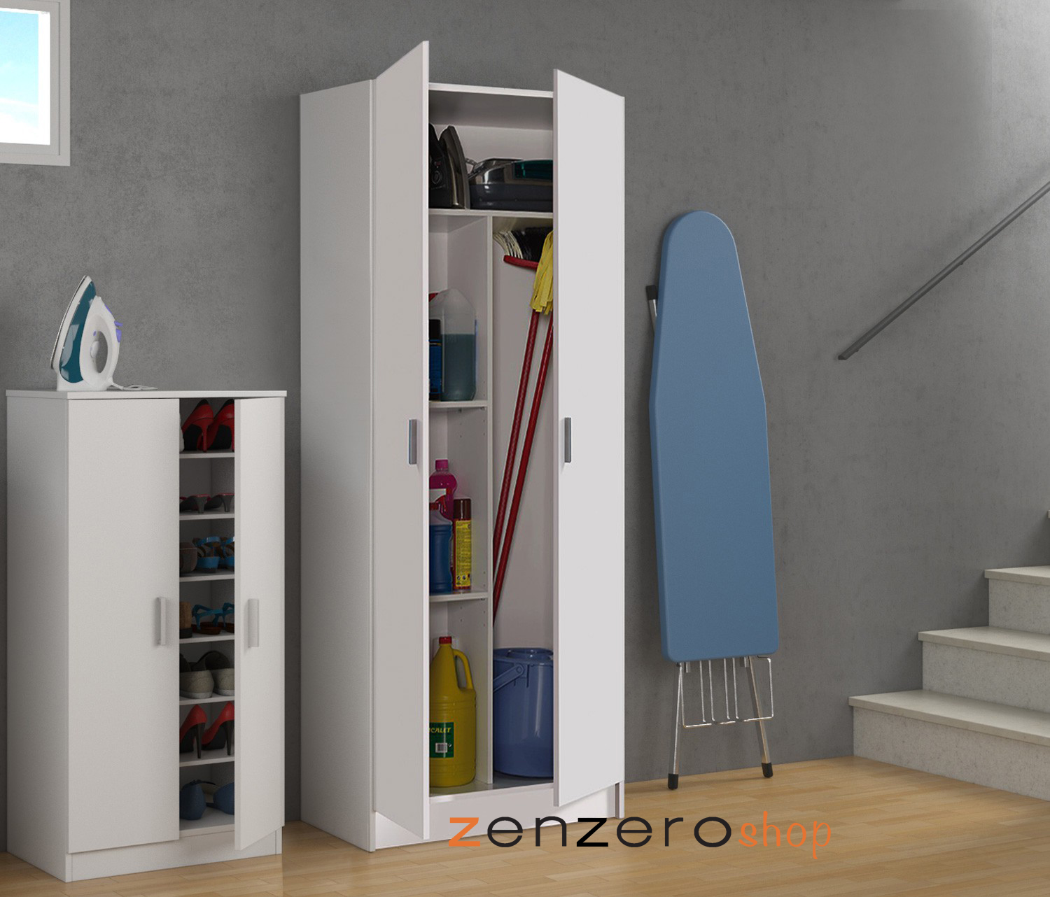 Armadio porta scope, multiuso, 2 ante, finitura bianco