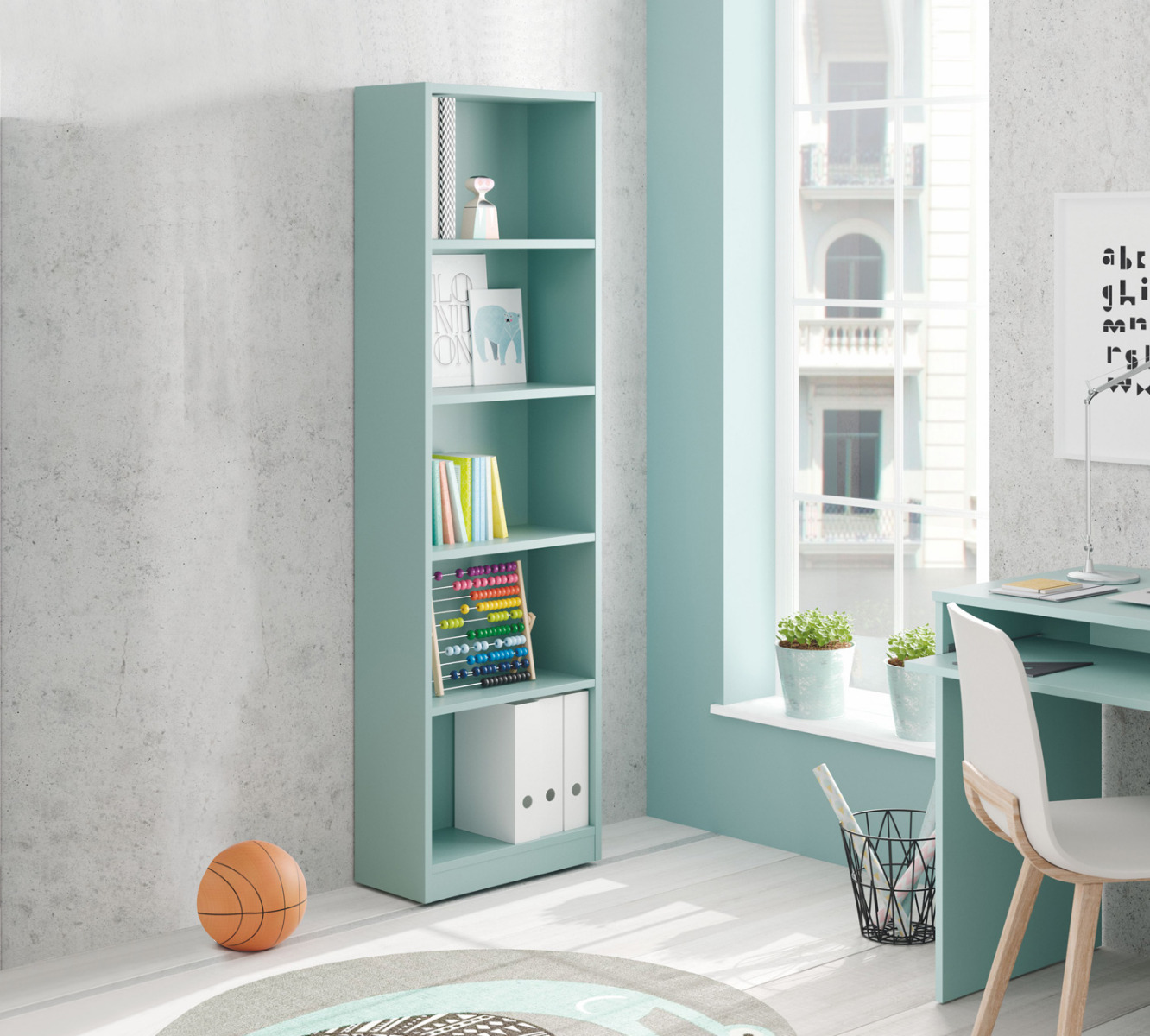 Librerie colorate: libreria 4 ripiani, finitura verde acqua