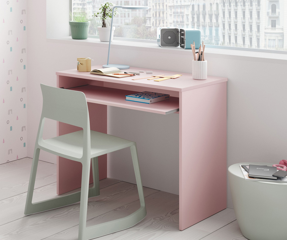 Scrivania moderna rosa con ripiano estrabile