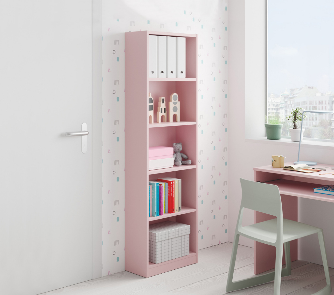 Libreria alta moderna, 4 ripiani, finitura rosa