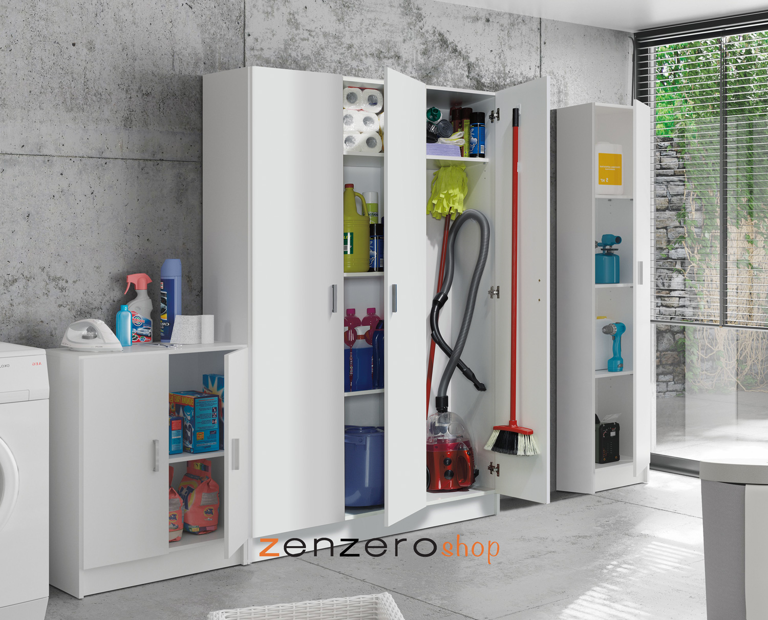 Armadi porta scope a 3 ante battenti, finitura bianca