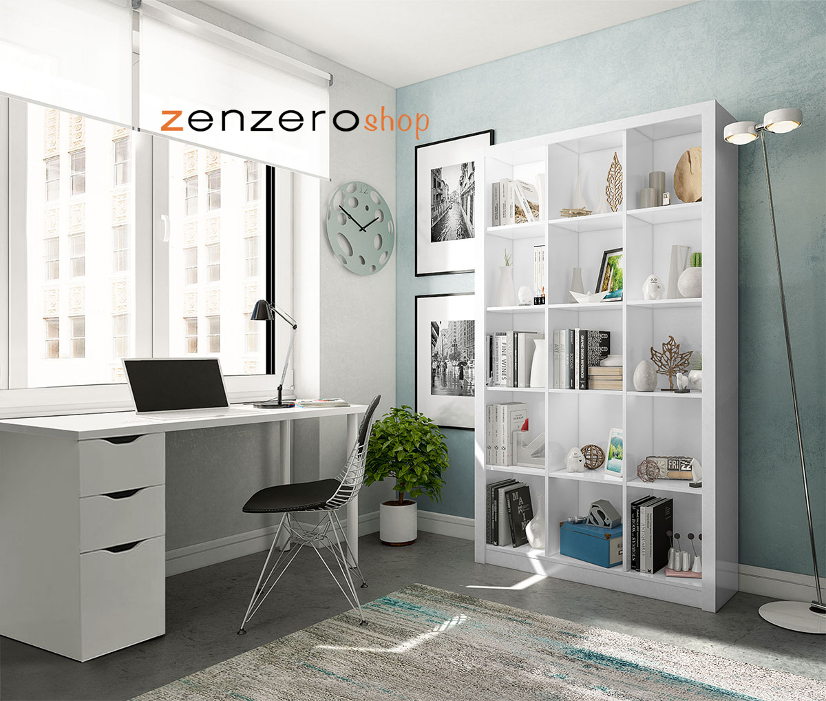 Libreria Tripla, moderna, bianca laccata lucida