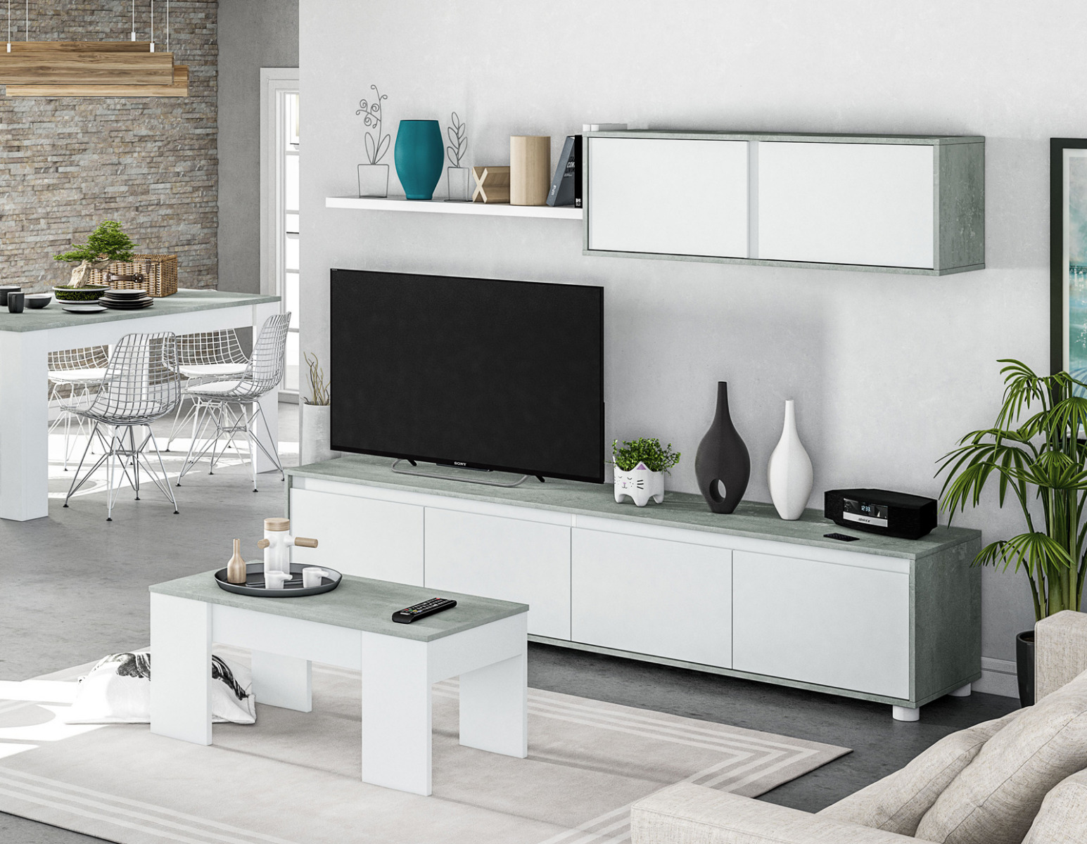 Soggiorno Zenzero, parete attrezzata moderna, con base tv, pensili e mensola, Bianco e Cemento