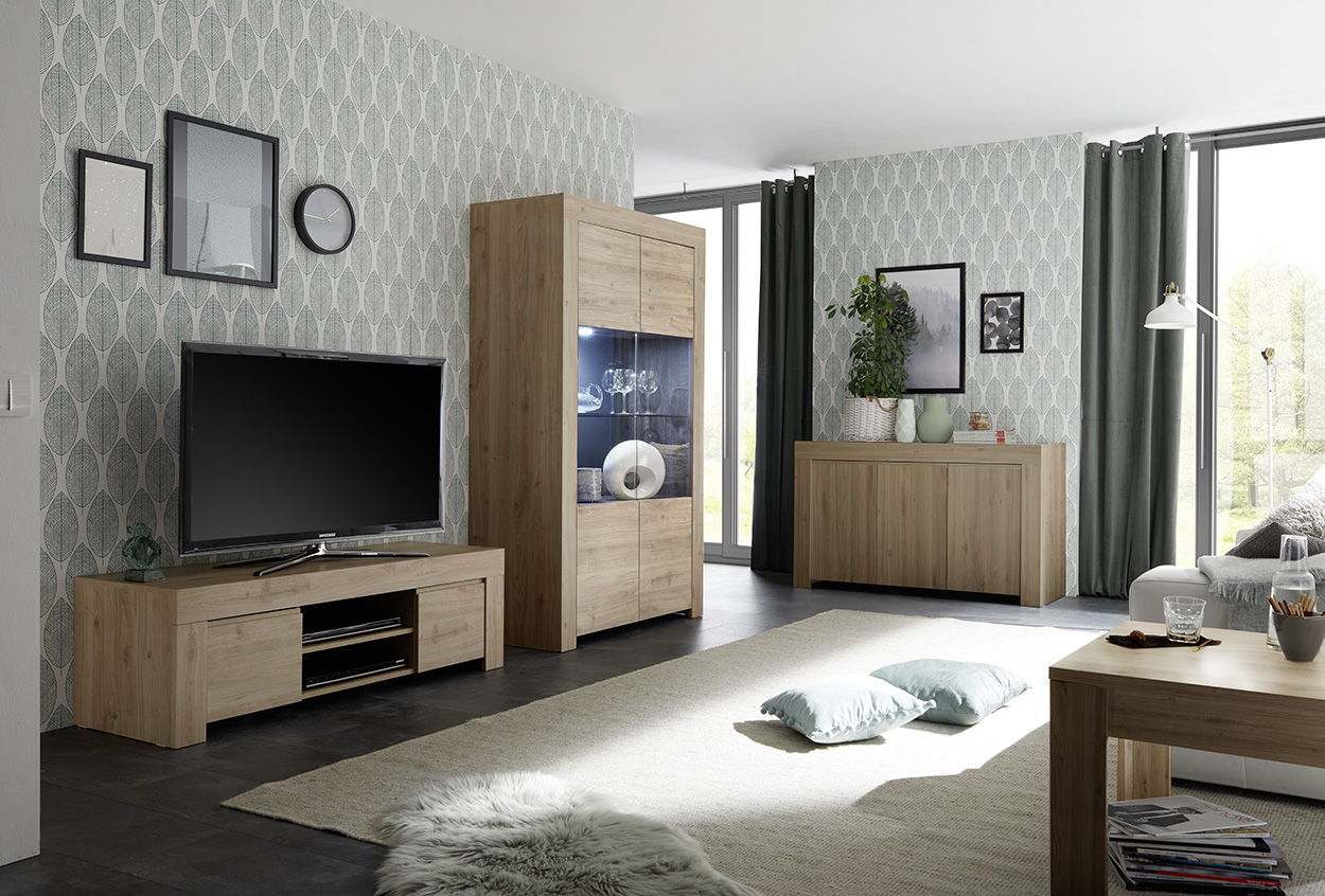 Soggiorno moderno, completo di Porta TV, Vetrina e Madia 3 ante, Rovere Cadiz