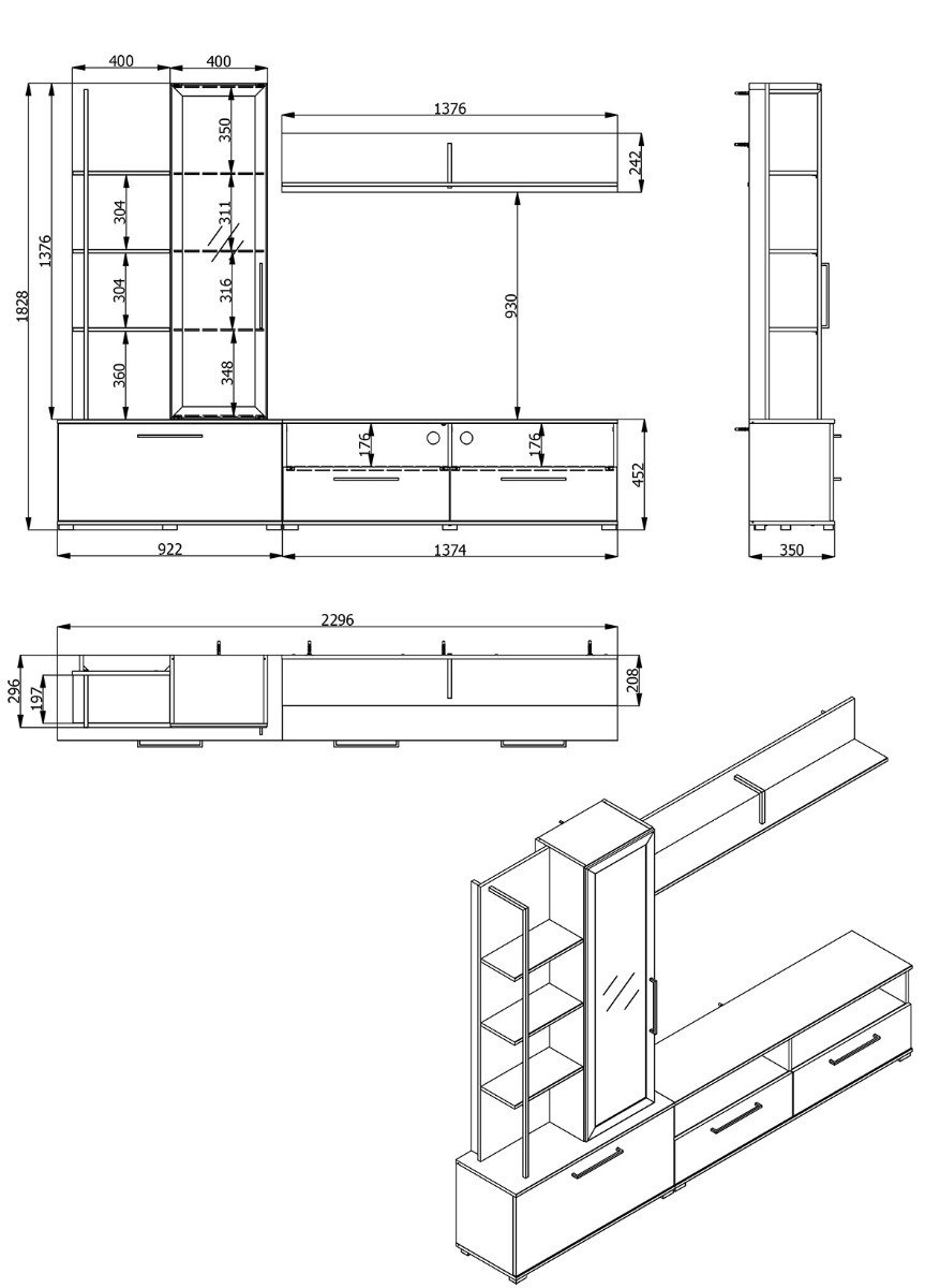 Parete con base tv vetrina e mensole finitura Rovere e Nero