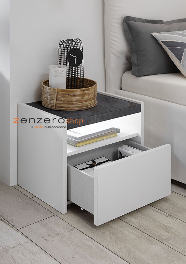 Conveniente Coppia di comodini finitura Bianco Opaco e Ossido, guide ammortizzate