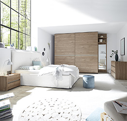 Armadio 2 ante scorrevoli, conveniente e moderno, finitura Noce Chiaro e inserto Argilla Zenzero Shop