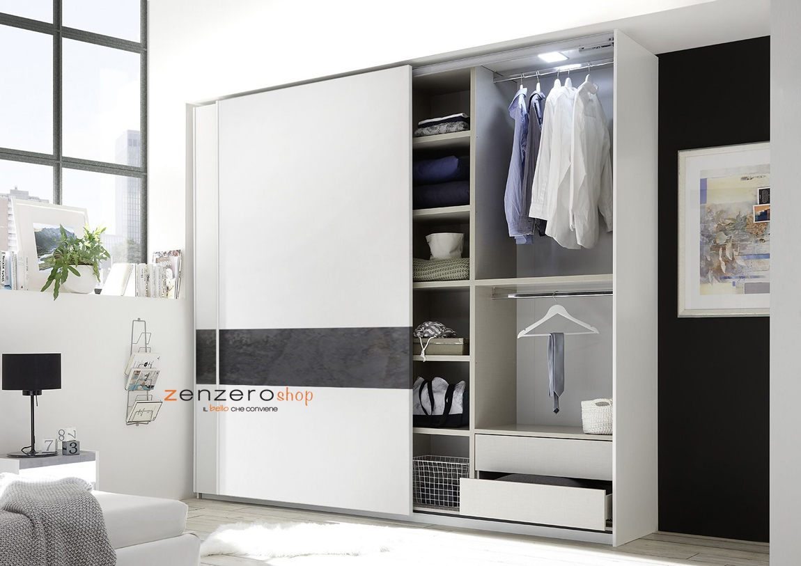 Conveniente Armadio moderno con ante 2 scorrevoli L.275, Bianco Opaco con fascia Ossido