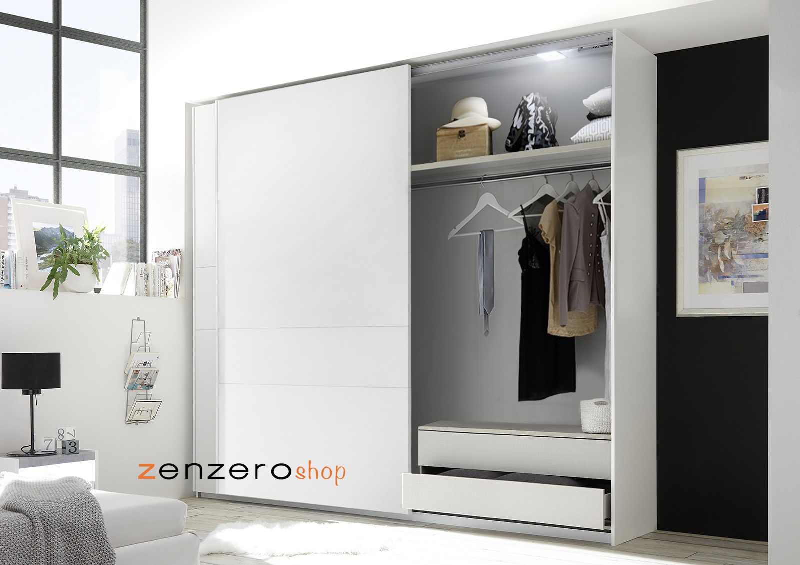 Armadio scorrevole scontato, bianco opaco, made in Italy