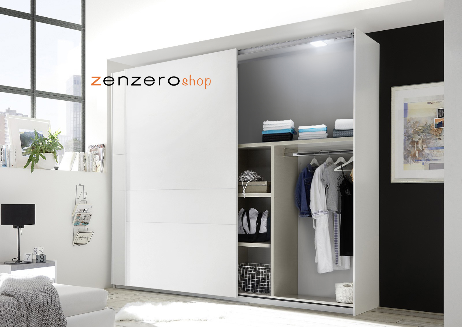 Armadio scorrevole scontato, bianco opaco, made in Italy