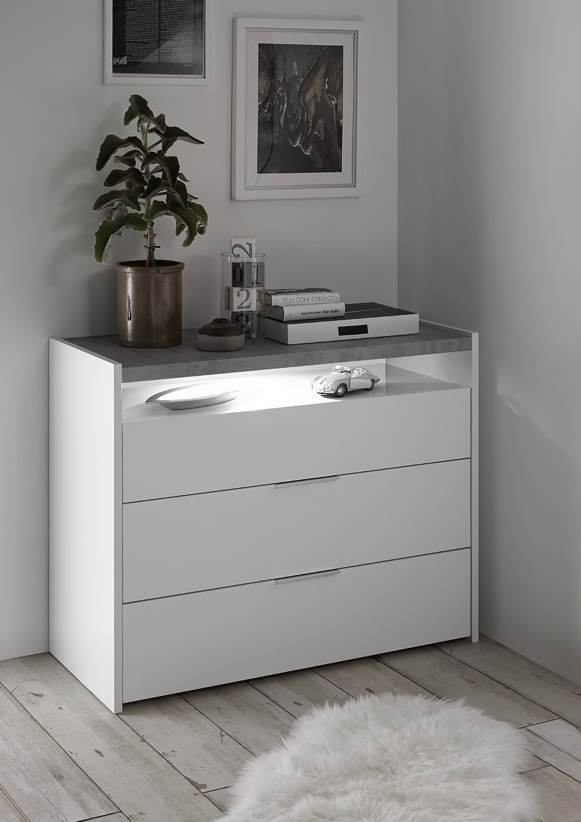 Comò moderno bianco opaco e beton con 3 cassetti