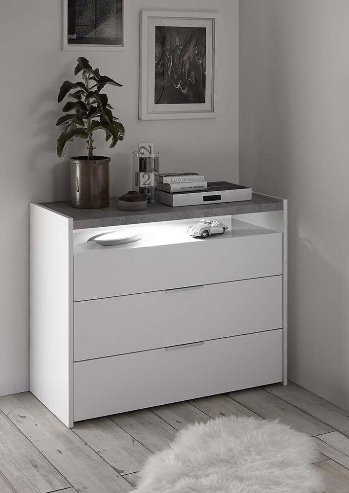 Set comò e comodini grigio beton e bianco con cassetti e vano a giorno