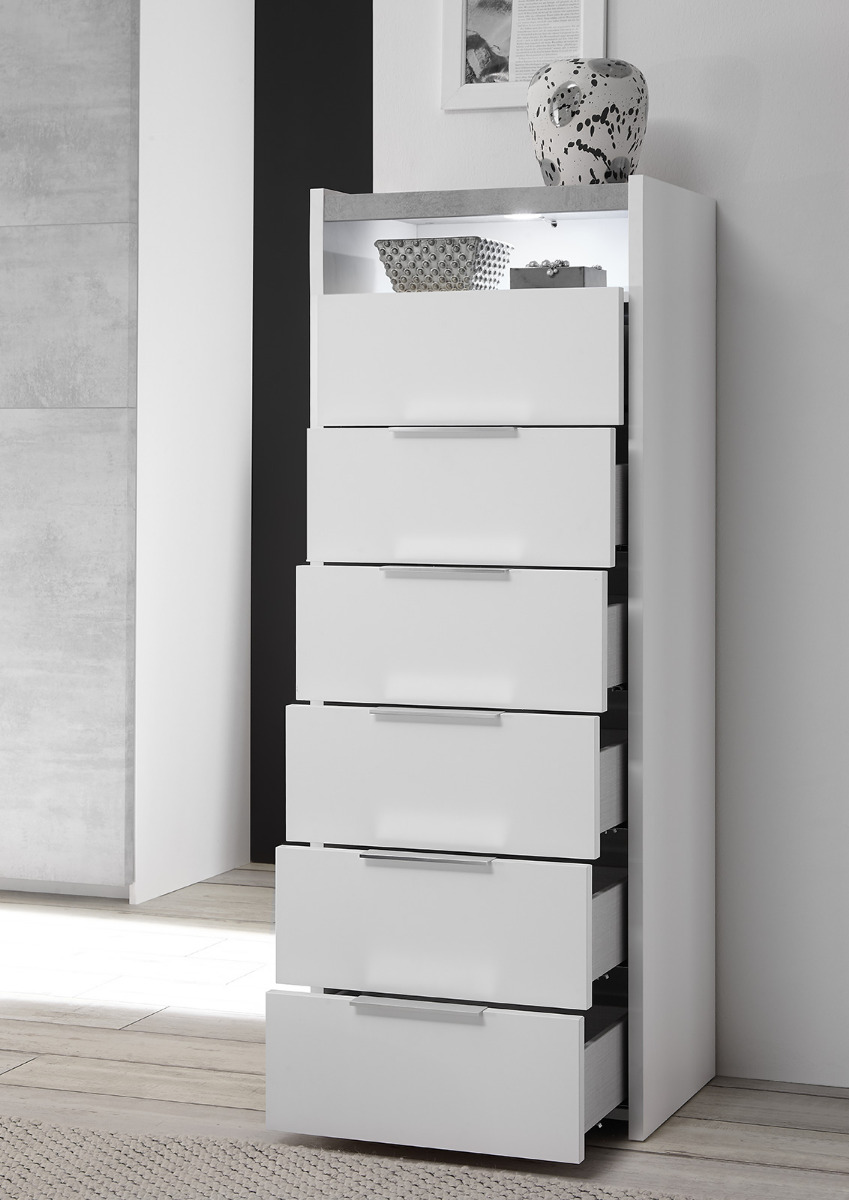Conveniente Settimino moderno con 6 cassetti e vano a giorno, Bianco Opaco e Beton