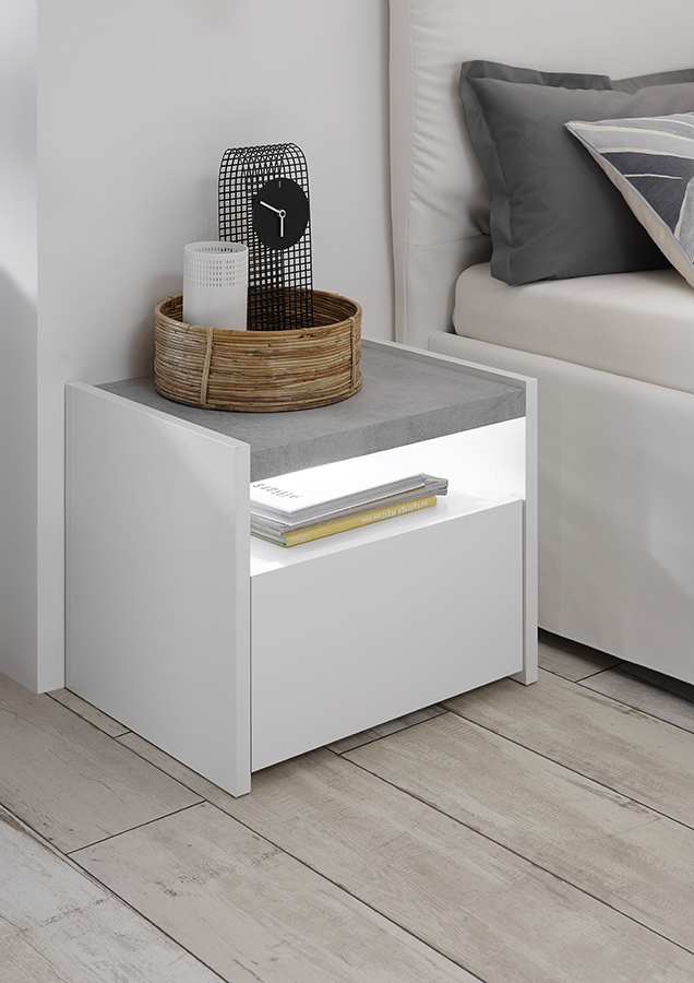 Coppia di comodini finitura Bianco Opaco e Beton, guide ammortizzate