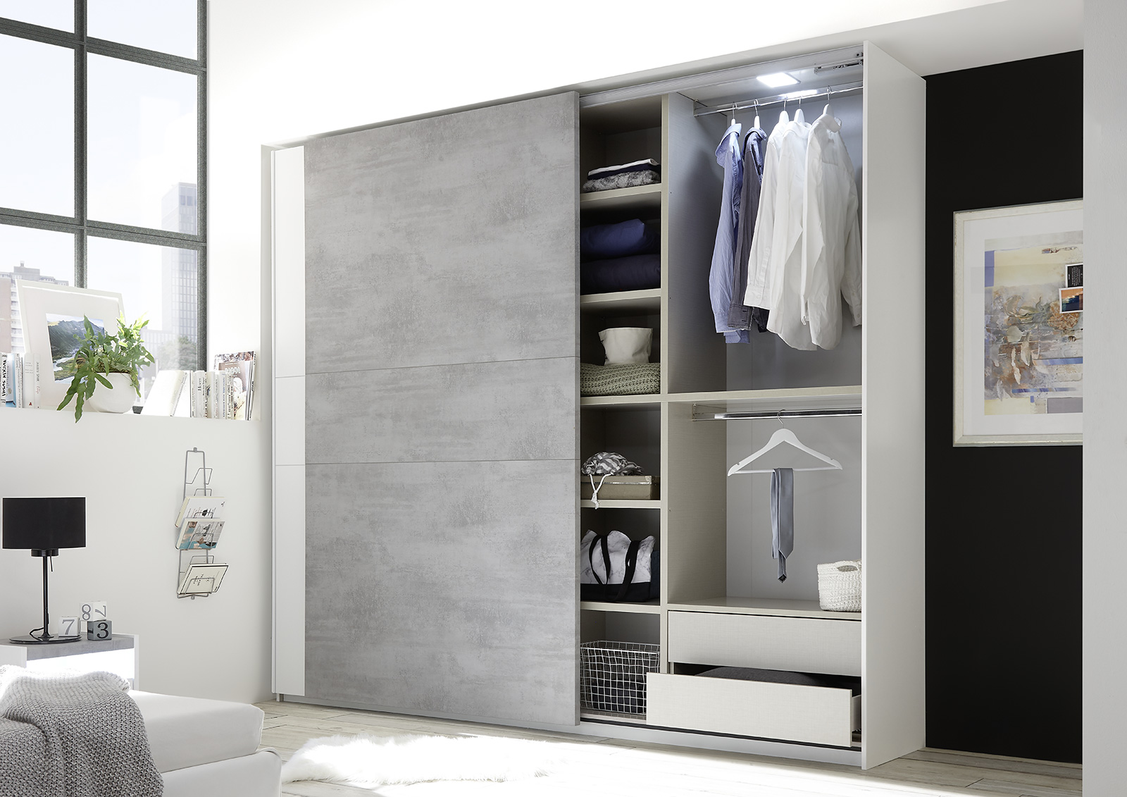 Camere matrimoniale  Bianca Opaco e Beton con letto contenitore e armadio H.248