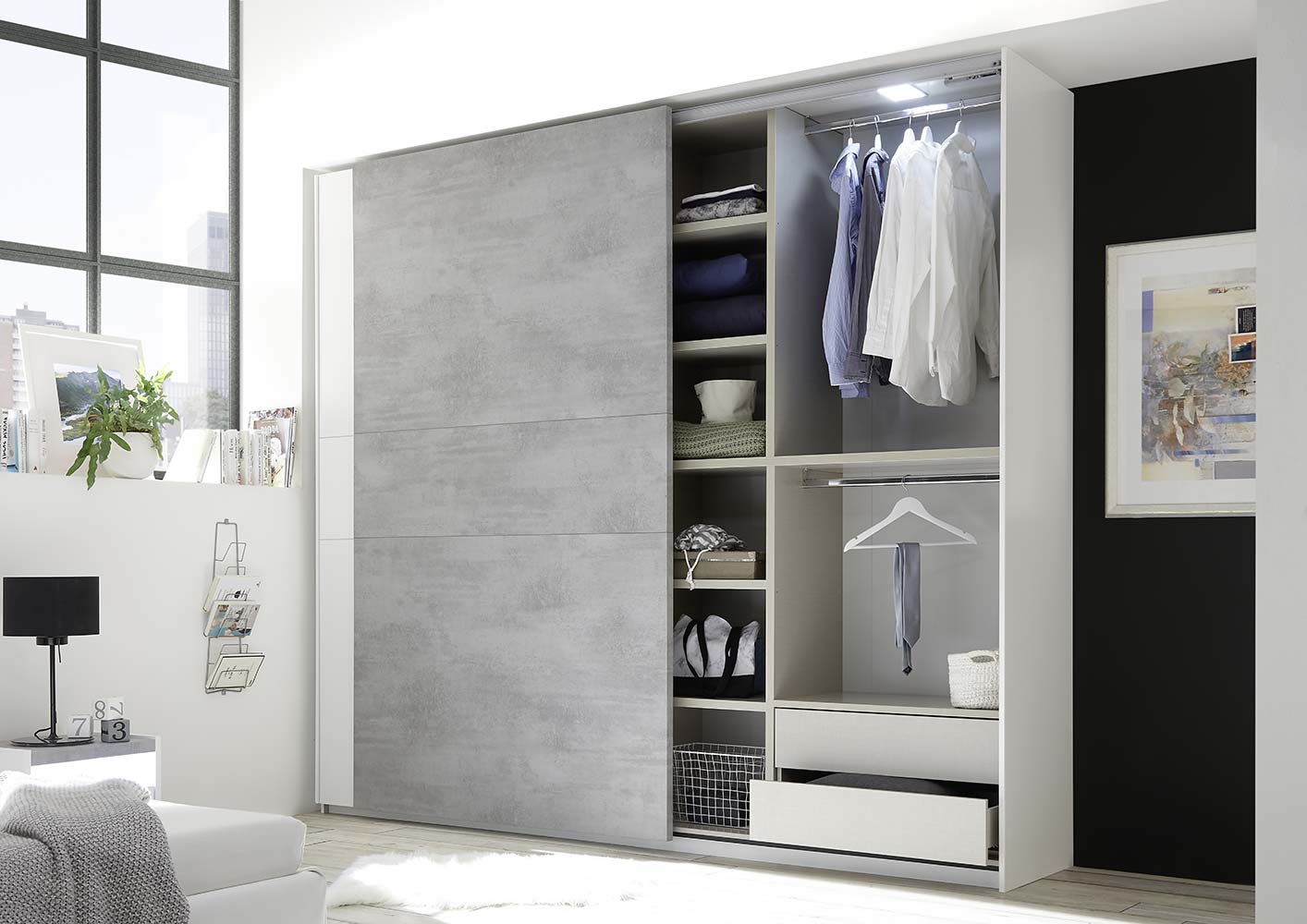 Camere matrimoniale Bianca Opaco e Beton con letto in tessuto, comodini e armadio H.248