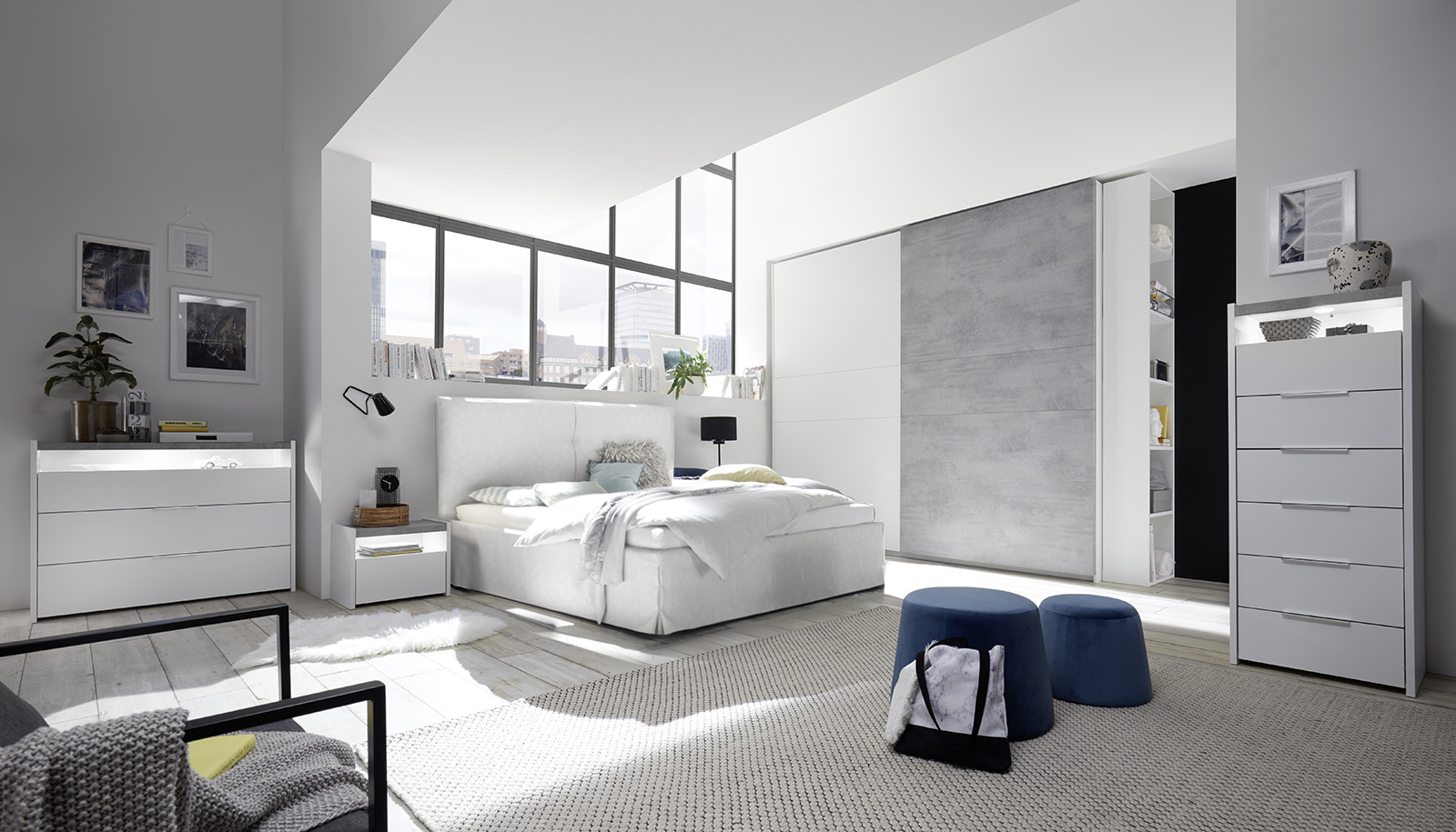 Camere matrimoniale con letto contenitore Bianca Opaco e Beton