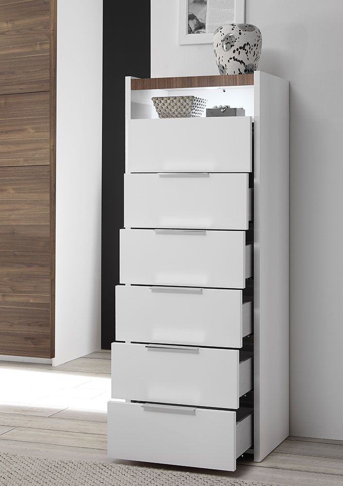 Set Comò, Settimino e 2 Comodini con guide ammortizzate in finitura bianco opaco e Noce Dark