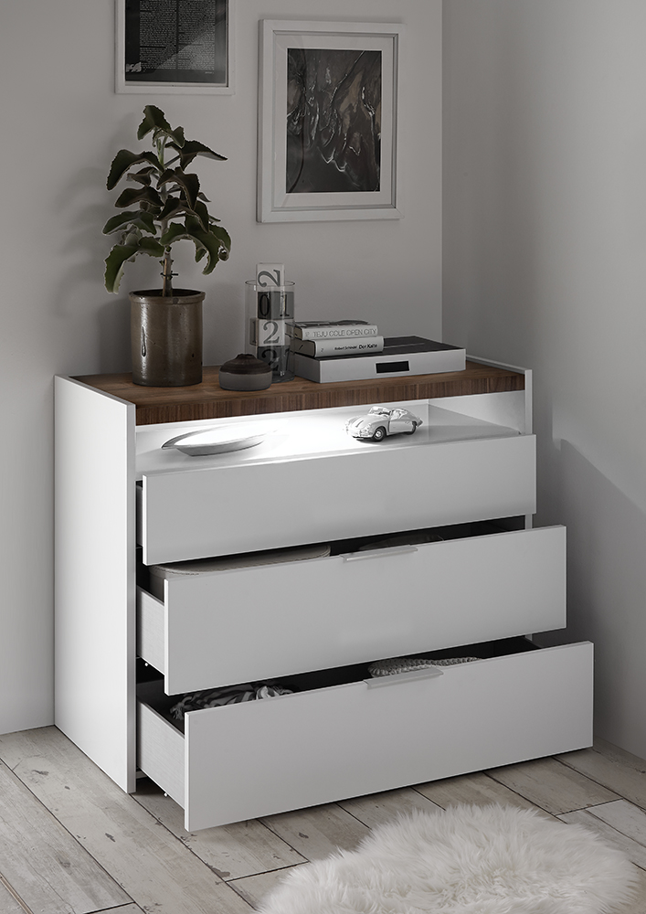 Set Comò e 2 Comodini con guide ammortizzate in finitura bianco opaco e Noce Dark