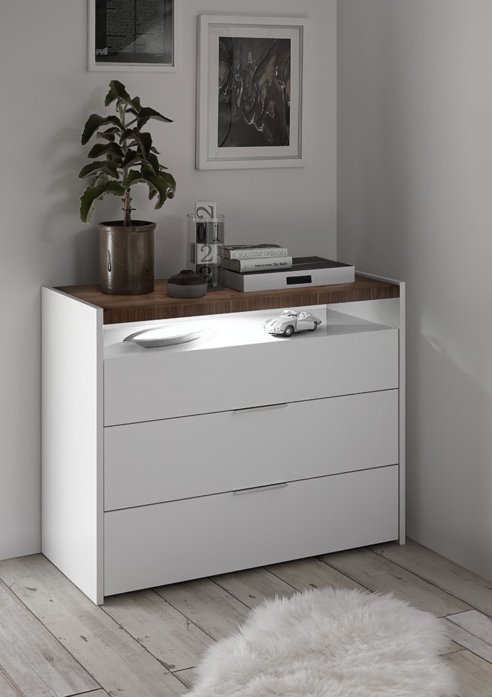 Comò moderno 3 cassetti, finitura Bianco opaco e Noce Dark. Guide ammortizzate