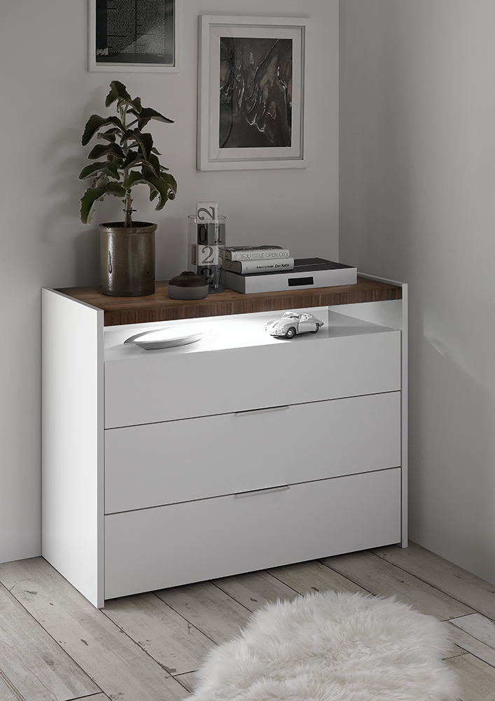 Set Comò e 2 Comodini con guide ammortizzate in finitura bianco opaco e Noce Dark