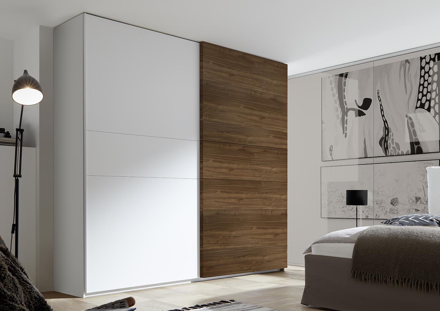 Camera matrimoniale con letto in ecopelle tabacco, armadio con anta noce dark H.248 e comodini bianchi opachi