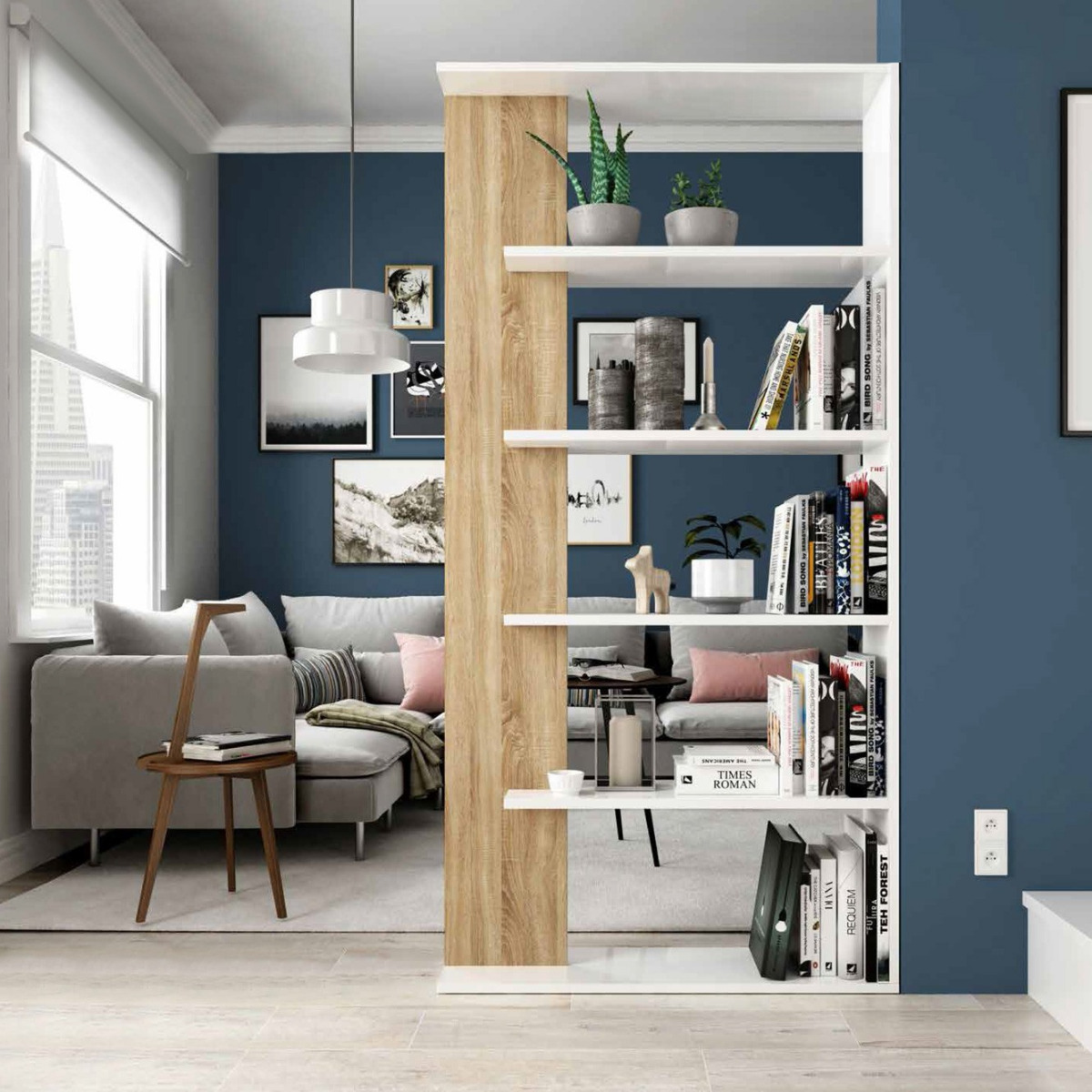 Moderna Libreria di design 5 ripiani, bianco artik e rovere canadian