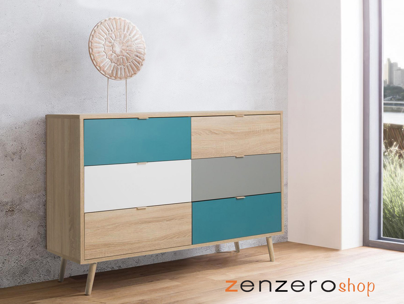 Madia lavik stile nordico con gambe in legno a 6 cassetti