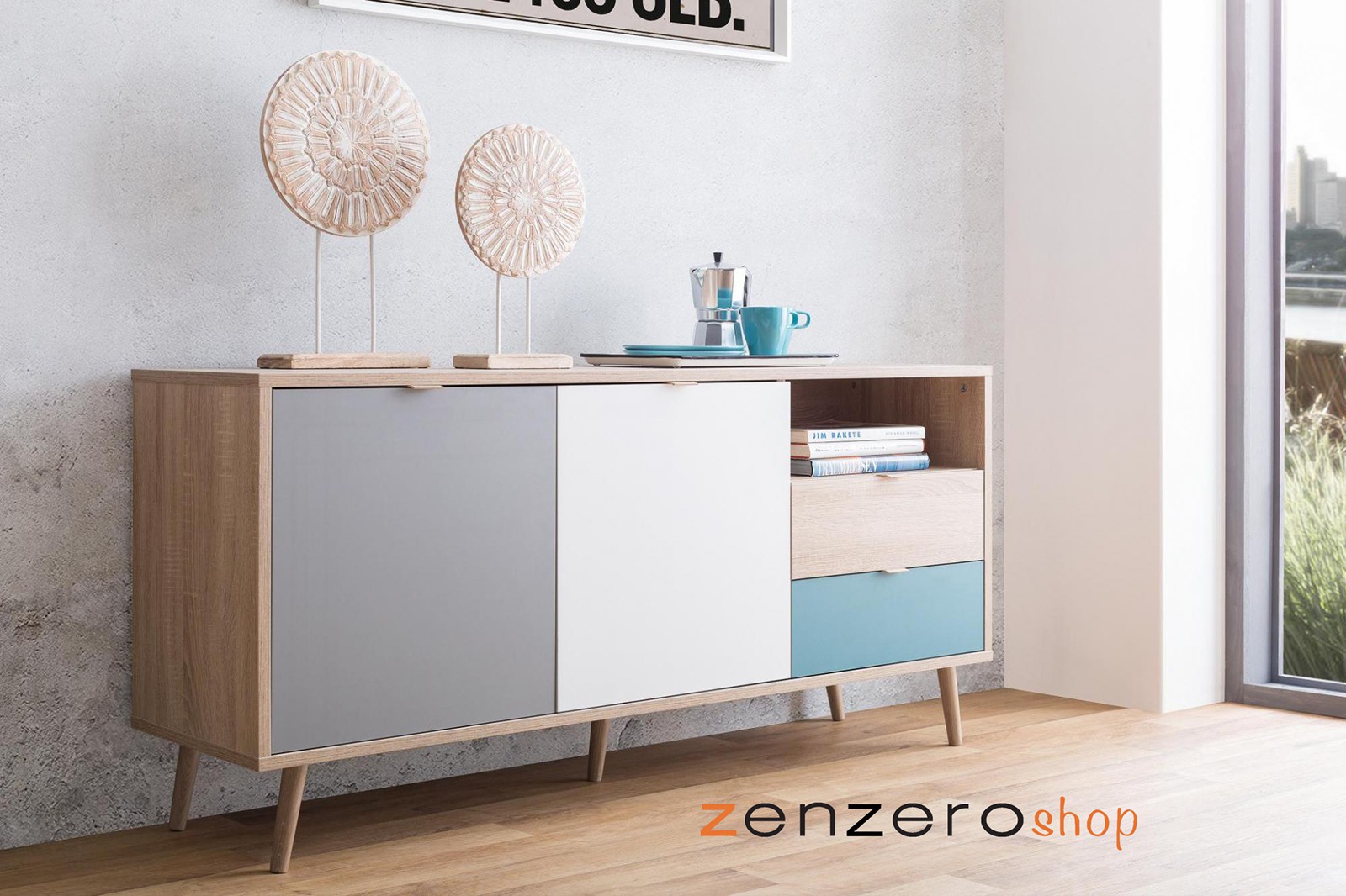 Soggiorno Lavik completo, stile nordico con gambe in legno finitura Quercia, Bianco, Petrolio e Grigia