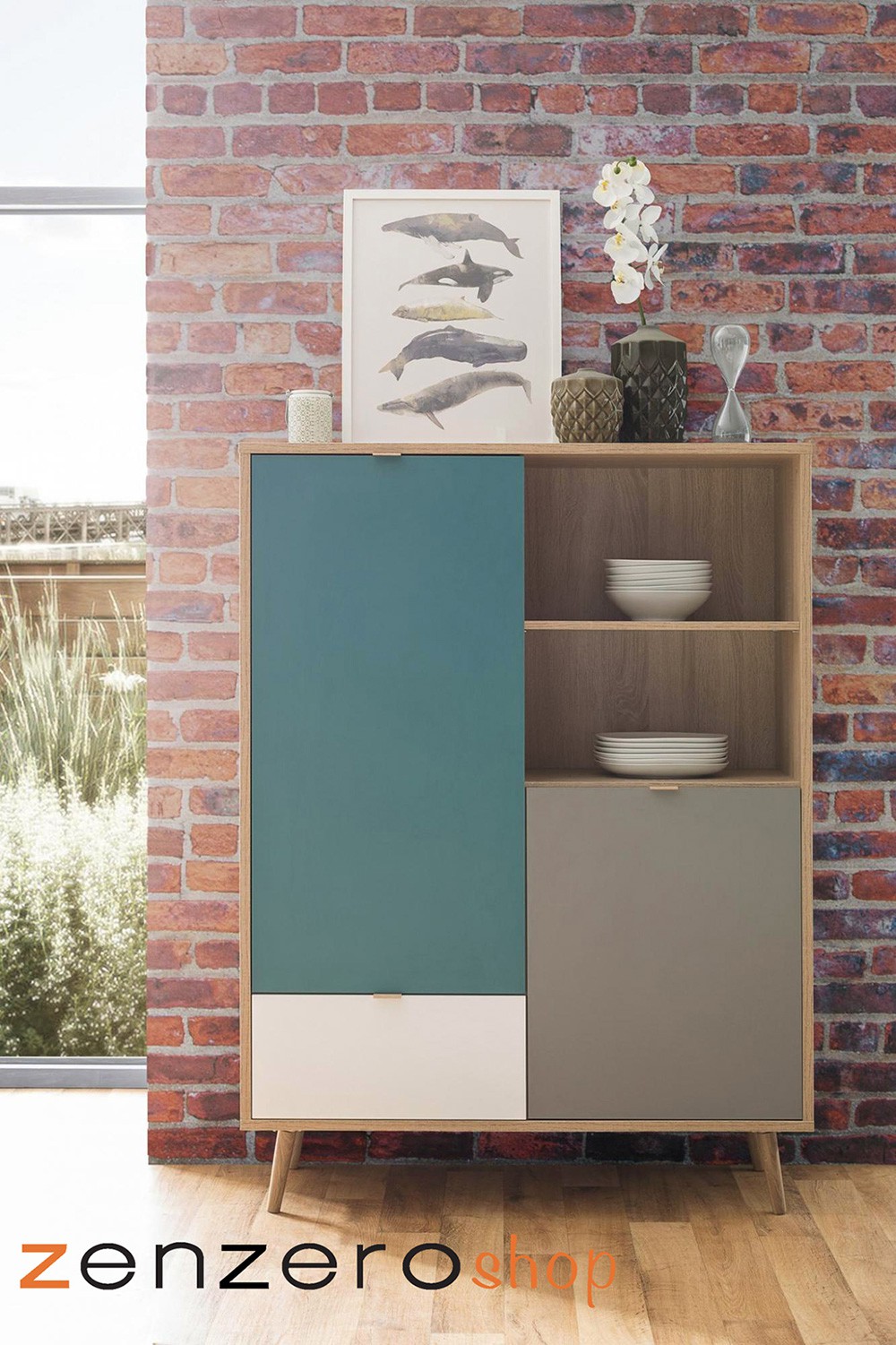 Sala Lavik stile nordico con gambe in legno finitura Quercia, Bianco, Petrolio e Grigia