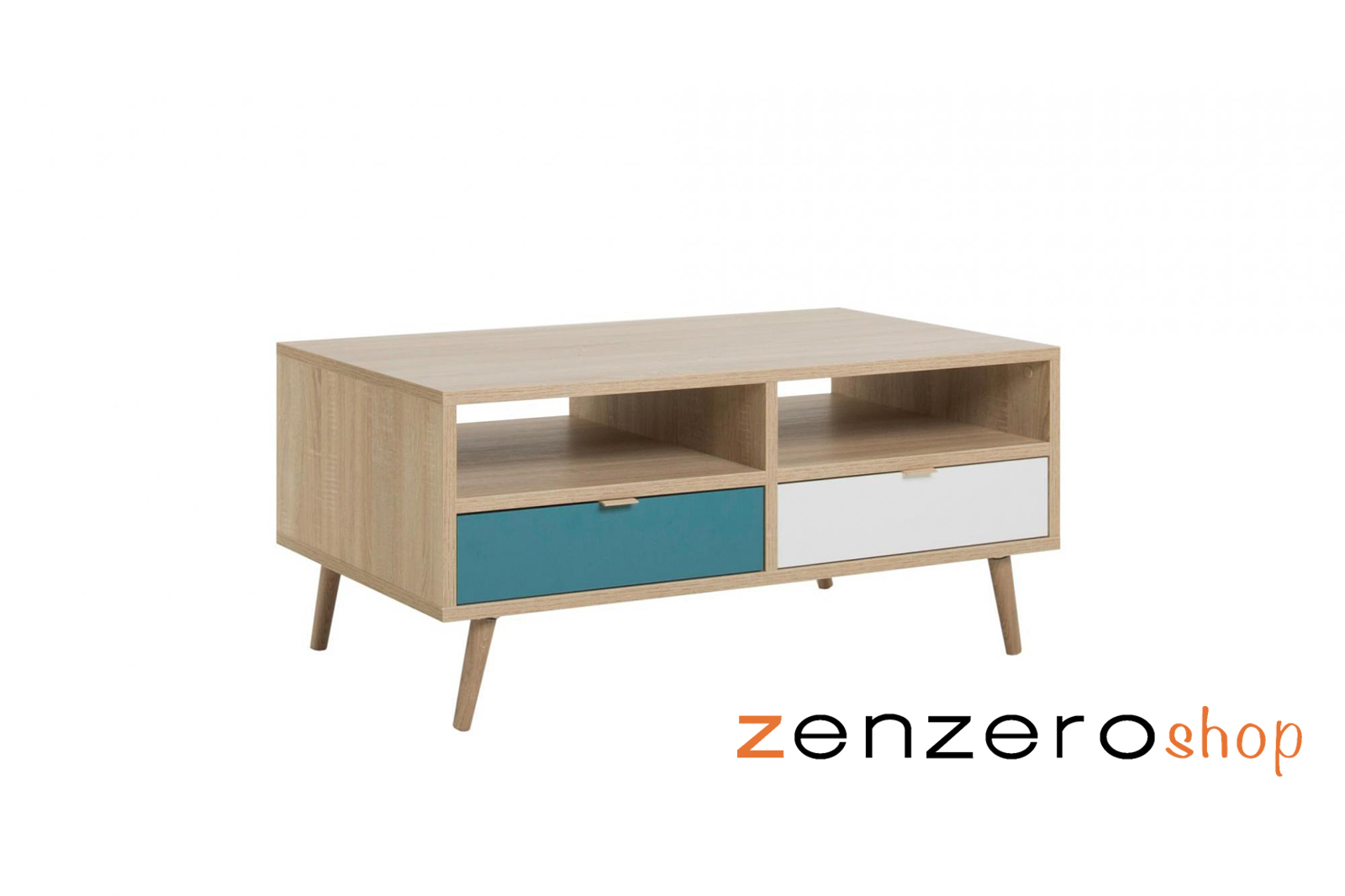 Tavolino Lavik con gambe in legno, 2 cassetti, finitura Quercia, Bianca, Petrolio e Grigia