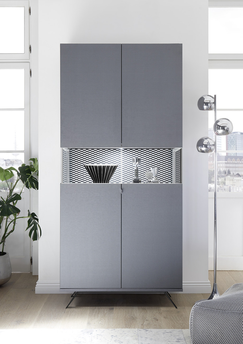 Vetrina moderna a 2 ante, finitura carbonio e piedini in ferro nero